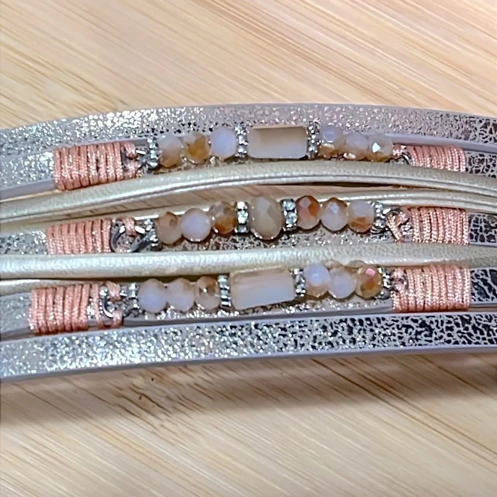 Brand New Multi-Strap Beaded Vegan Leather Wrap Magnetic Clasp Metallic Bracelet